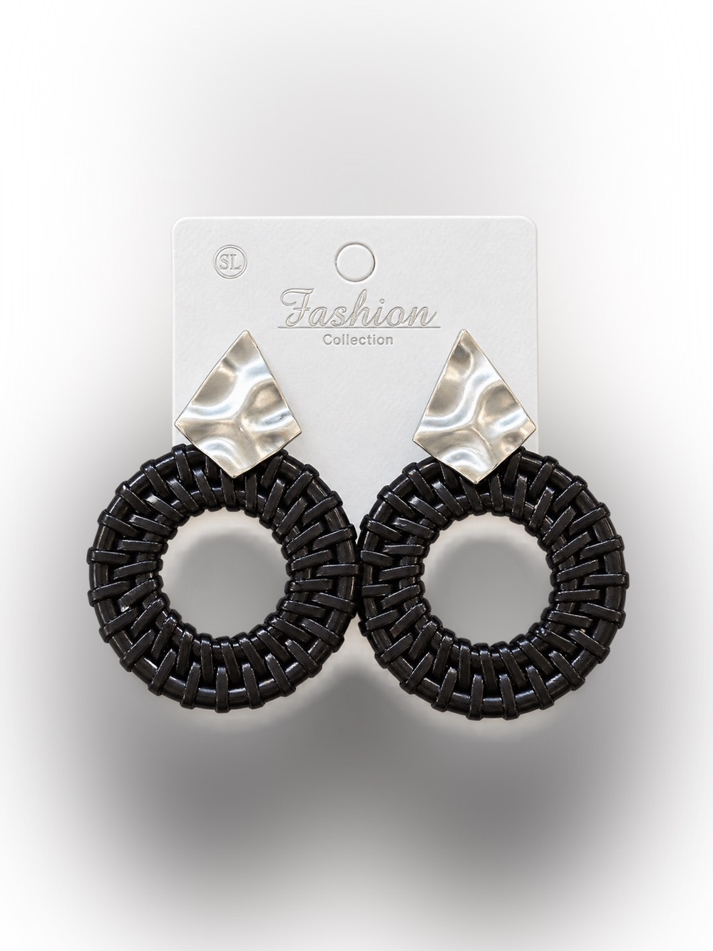 Fashion Collection Black Woven Statement Drop Earrings Silver Tone